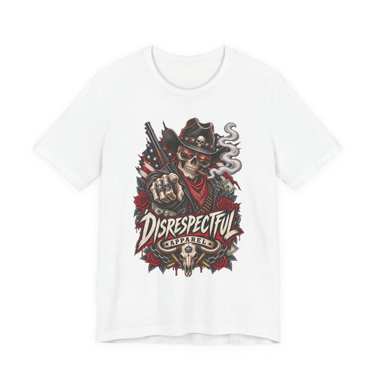 Disrespectful Apparel Skull Cowboy Tee — Edgy Biker / Western Graphic T-Shirt