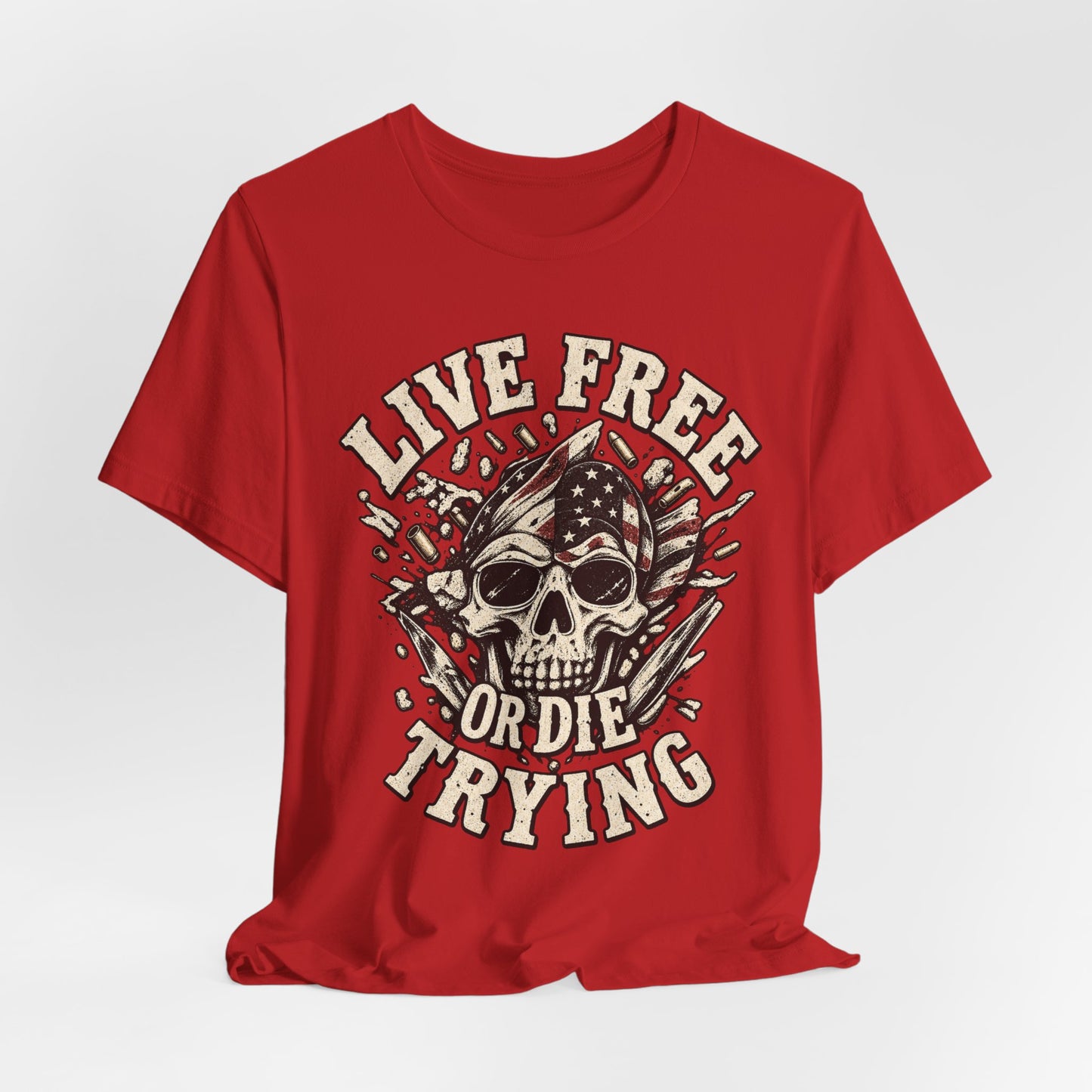 Live Free or Die Trying Skull Tee — Patriotic American Flag Graphic T-Shirt