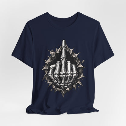 Skull Middle Finger Tee — Gothic Skeleton Hand with Roses Graphic Tee