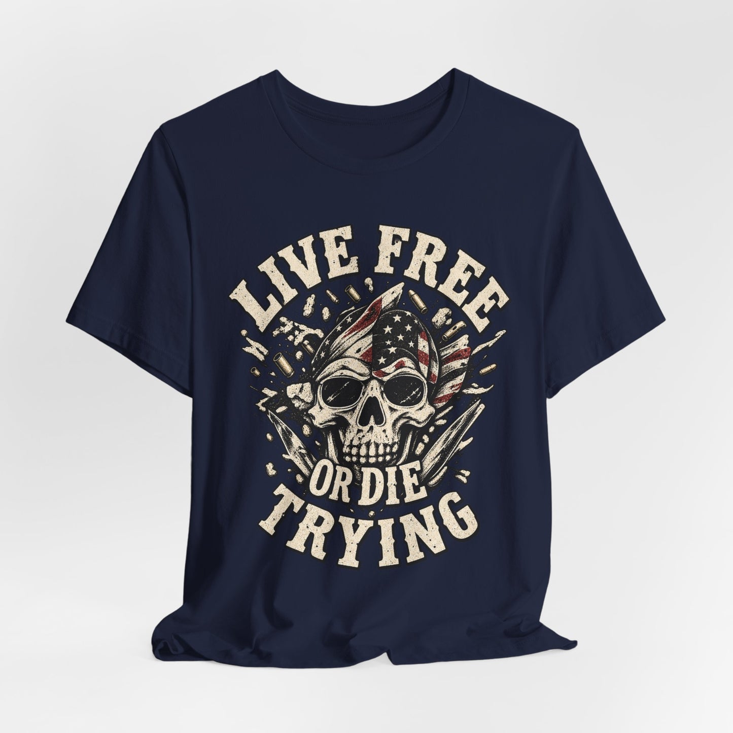 Live Free or Die Trying Skull Tee — Patriotic American Flag Graphic T-Shirt