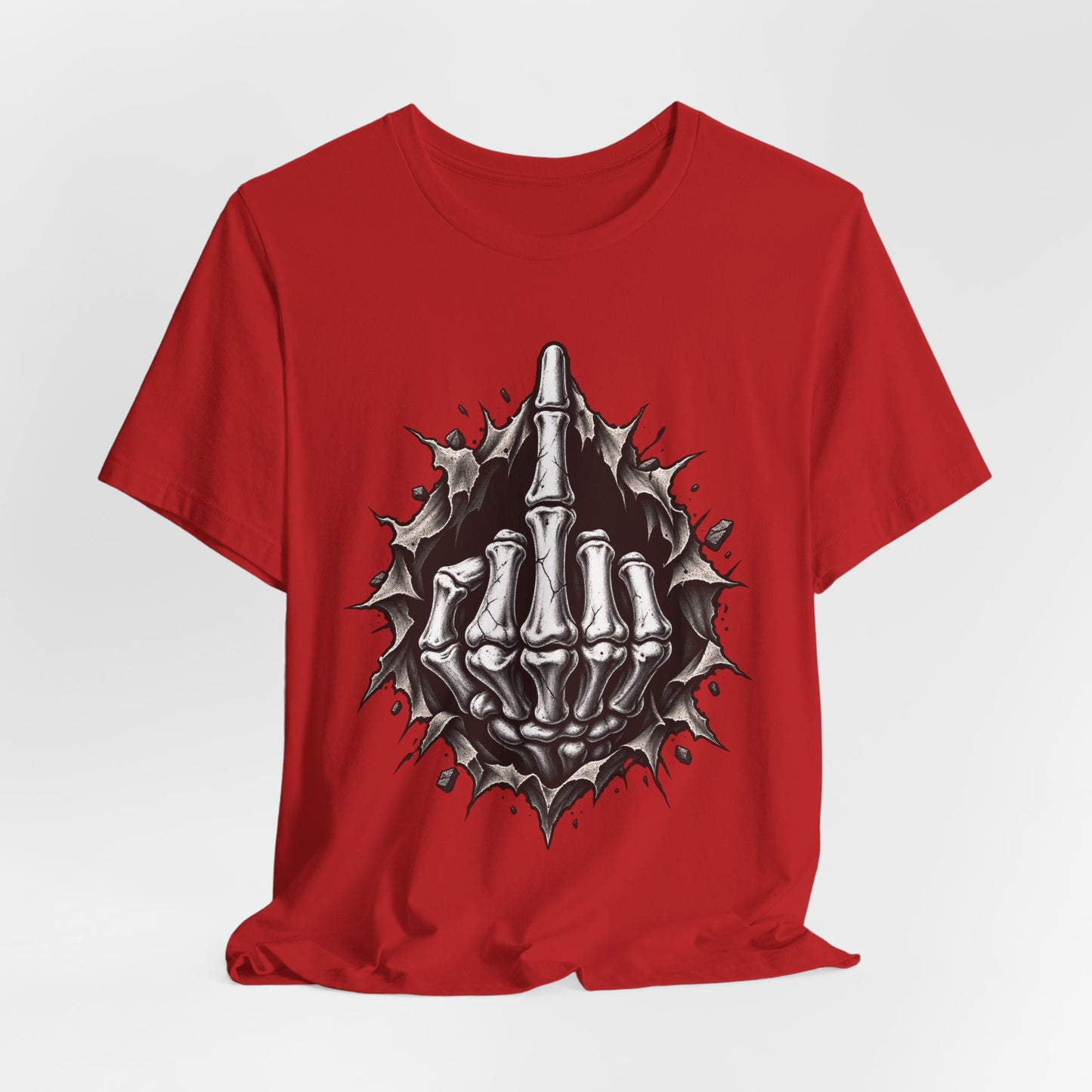 Skull Middle Finger Tee — Gothic Skeleton Hand with Roses Graphic Tee