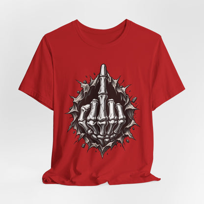 Skull Middle Finger Tee — Gothic Skeleton Hand with Roses Graphic Tee
