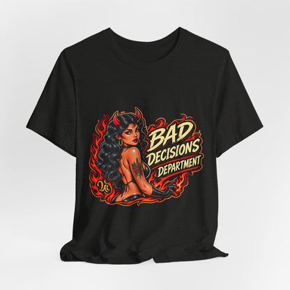 Bad Decisions Department Tee — Retro Devil Pinup Graphic Tee