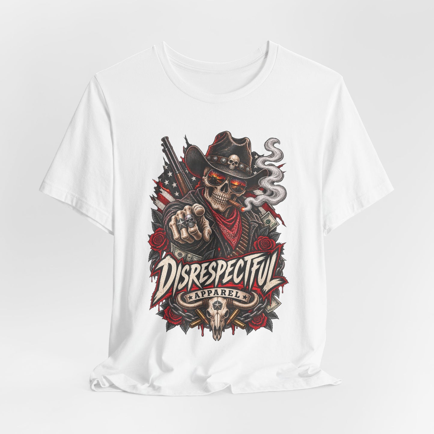Disrespectful Apparel Skull Cowboy Tee — Edgy Biker / Western Graphic T-Shirt