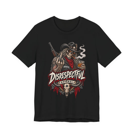 Disrespectful Apparel Cowboy Skeleton Tee – Western Biker Skull Graphic T-Shirt