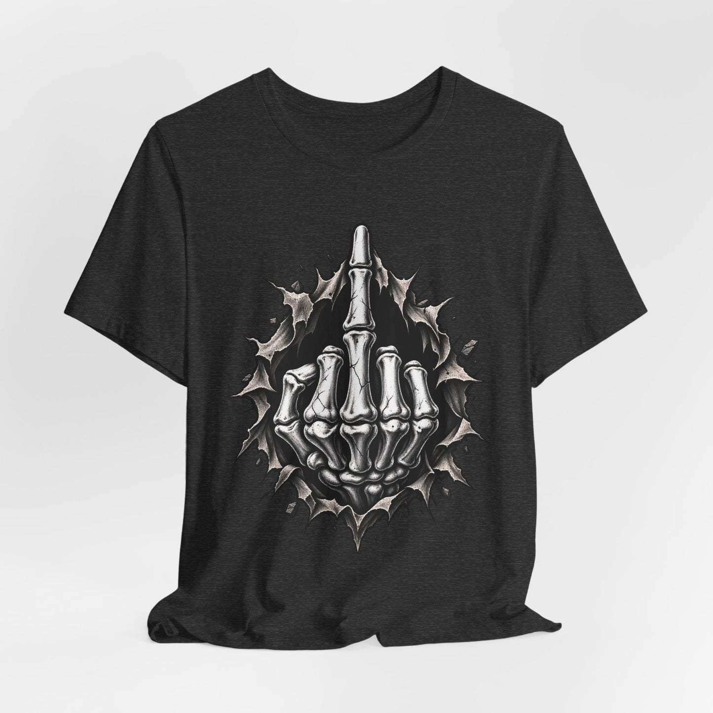 Skull Middle Finger Tee — Gothic Skeleton Hand with Roses Graphic Tee