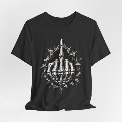 Skull Middle Finger Tee — Gothic Skeleton Hand with Roses Graphic Tee