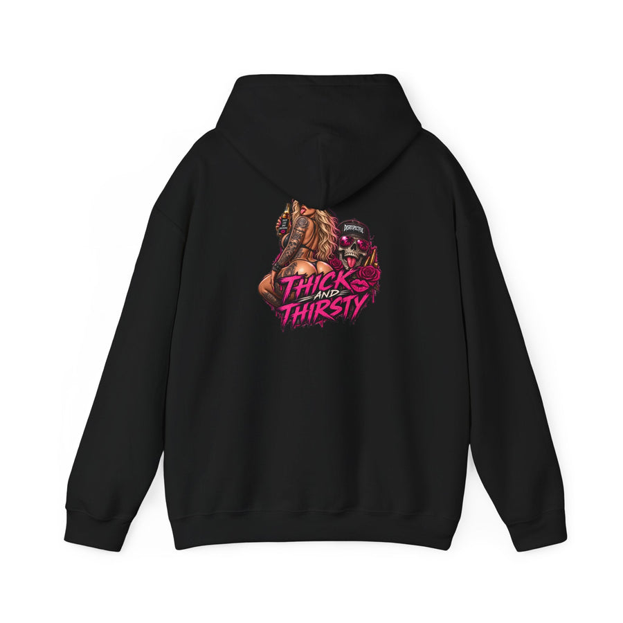 Black Thick and Thirsty graphic hoodie, back view