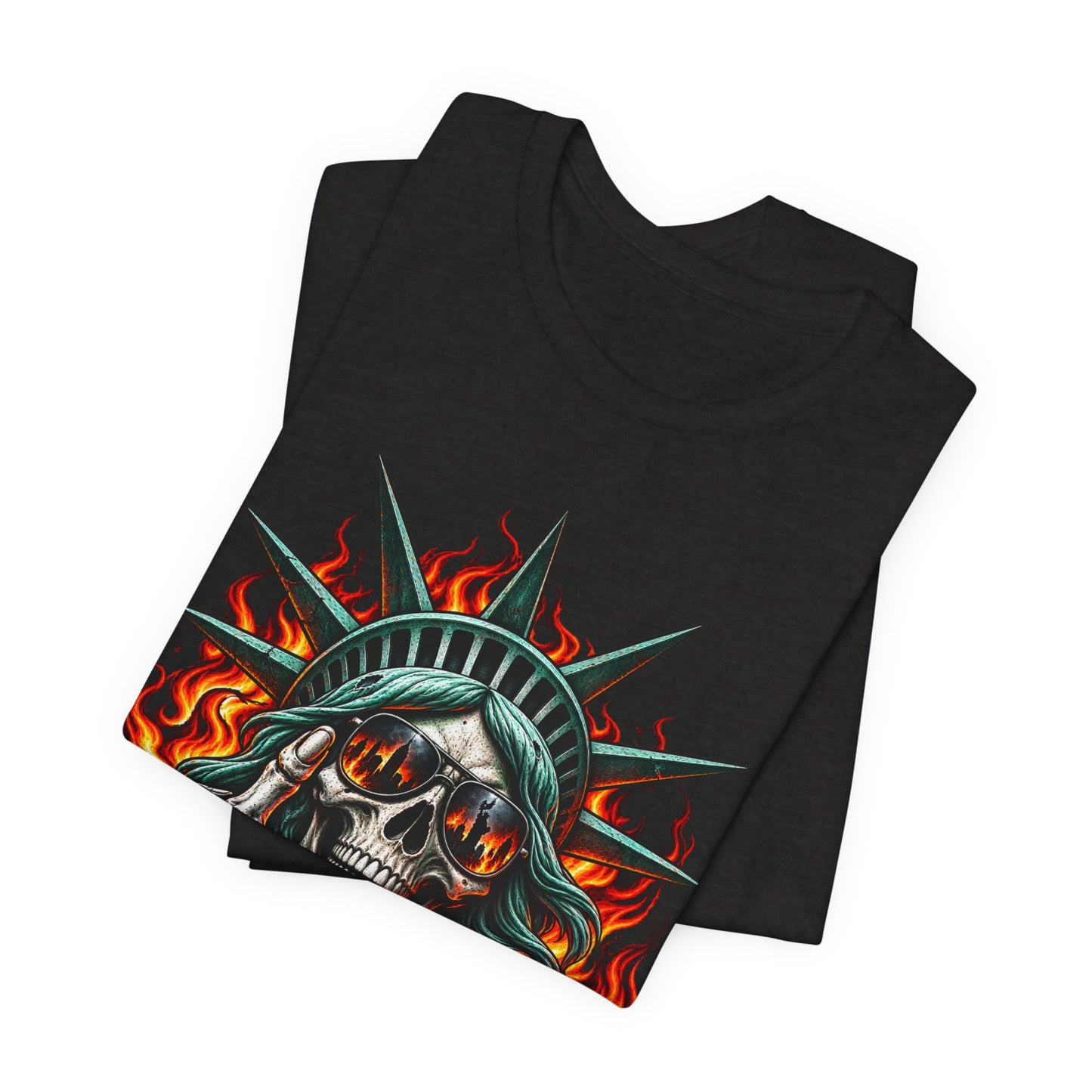 Skull Liberty Tee — Flaming Statue of Liberty Middle Finger Graphic Tee
