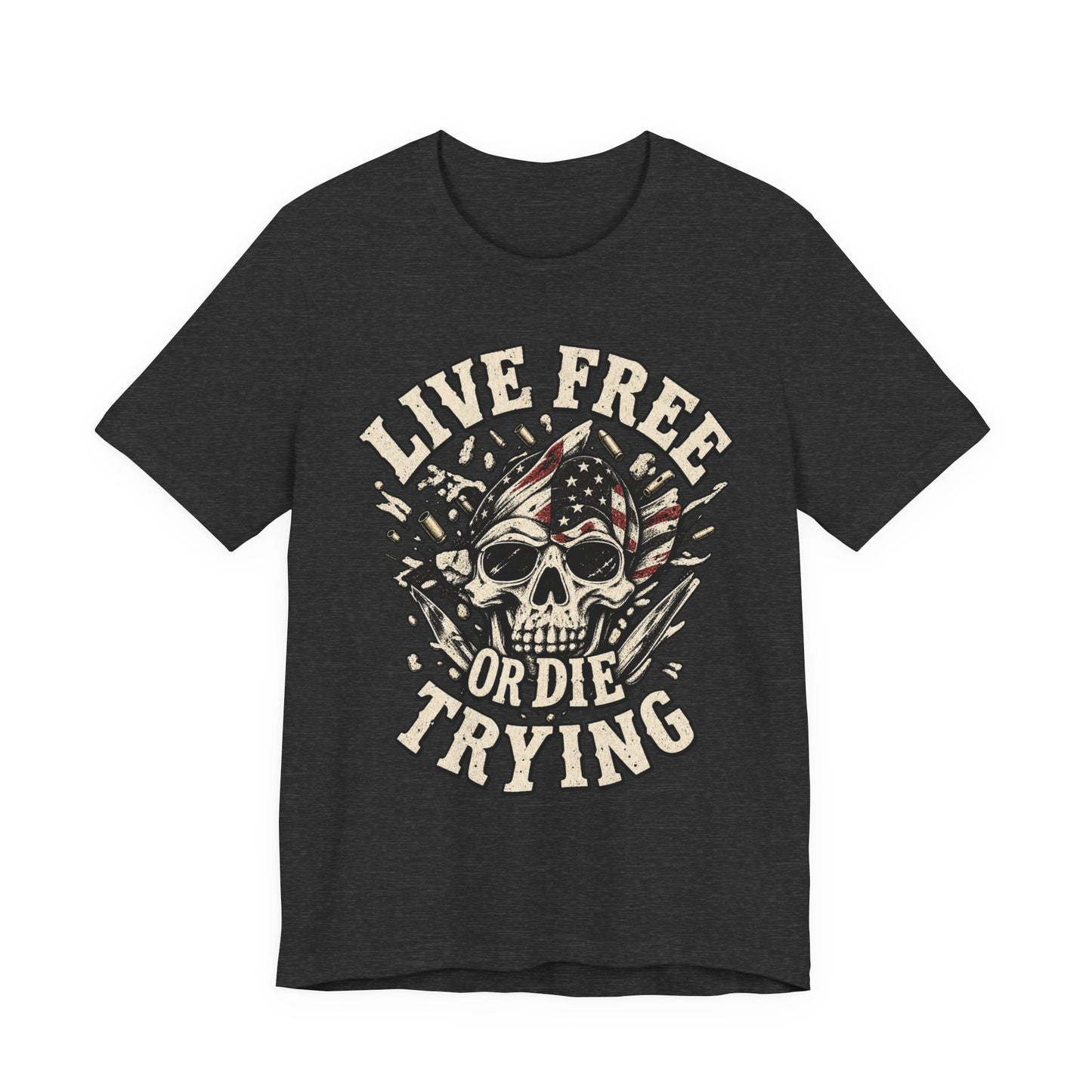 Live Free or Die Trying Skull Tee — Patriotic American Flag Graphic T-Shirt