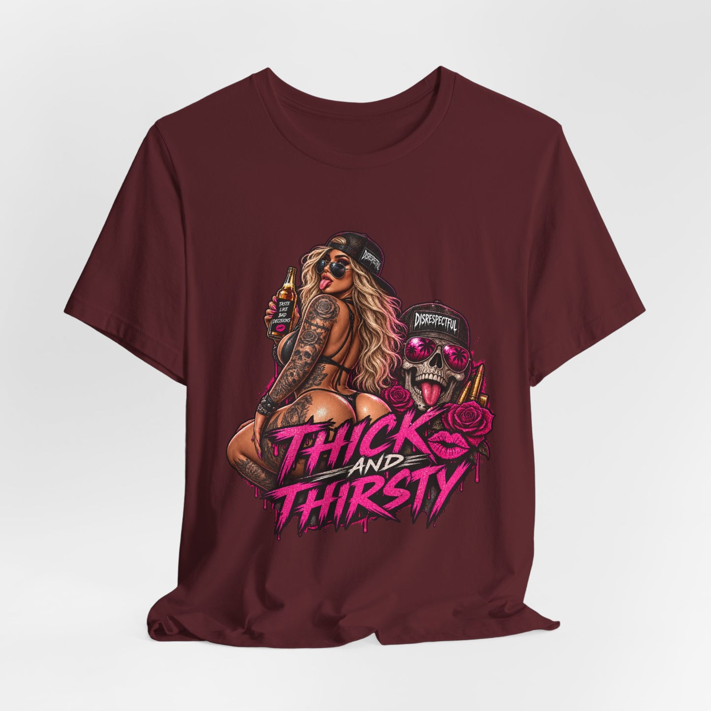 Thick and Thirsty Tee — Retro Pinup Skull Graphic T-Shirt