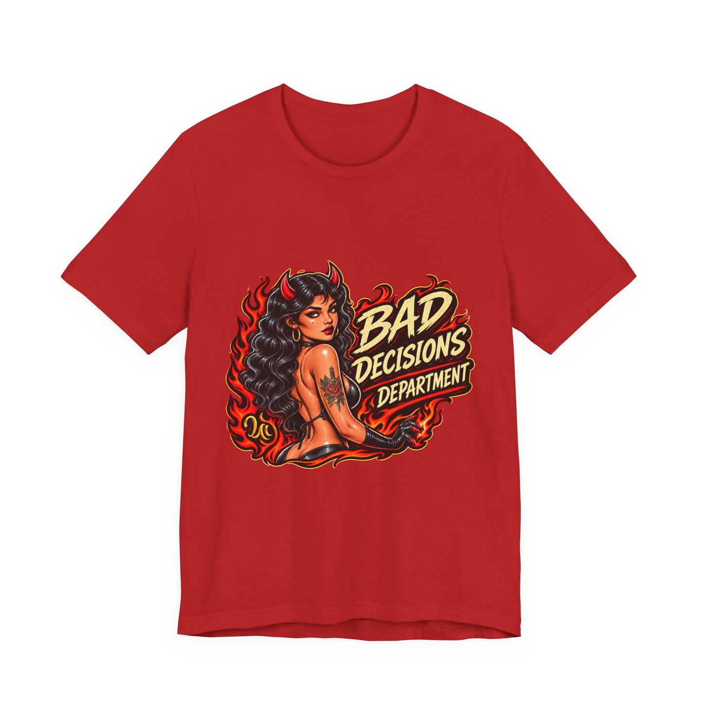 Bad Decisions Department Tee — Retro Devil Pinup Graphic Tee