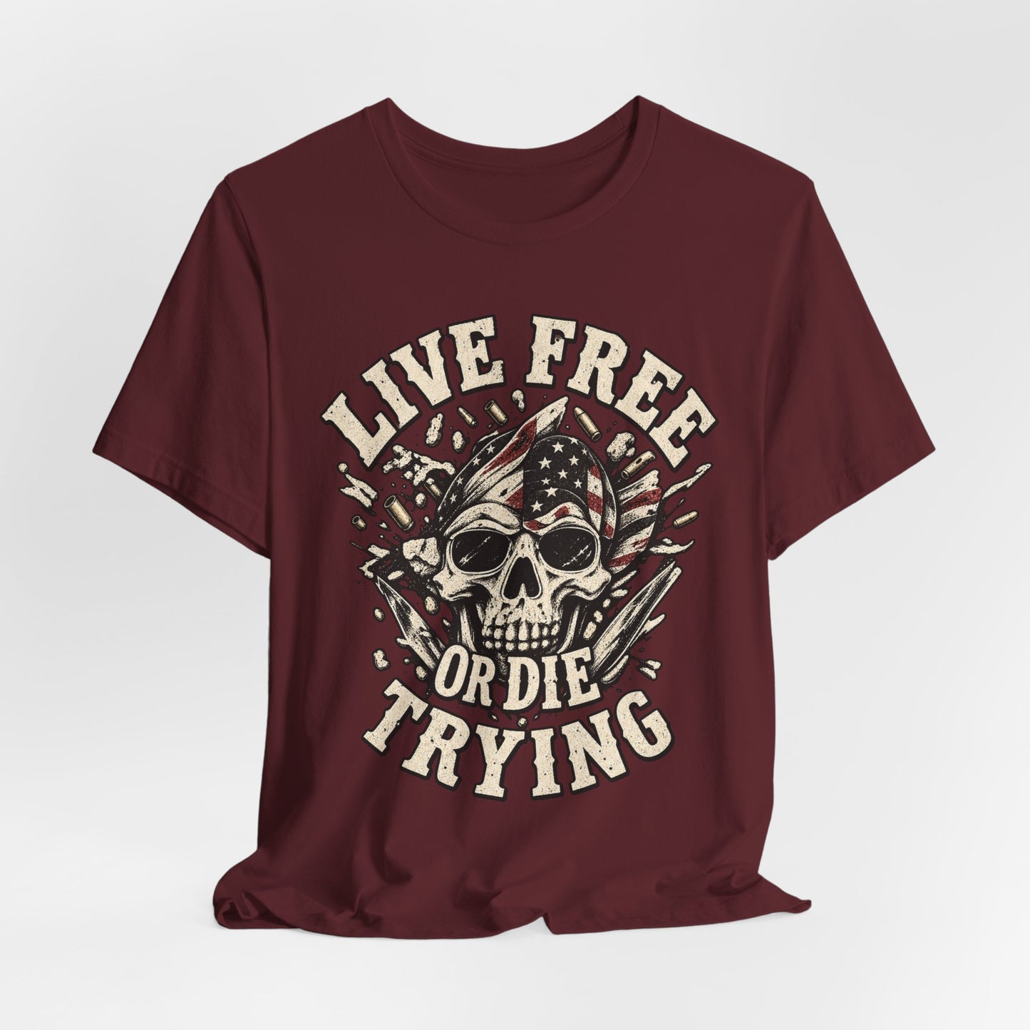 Live Free or Die Trying Skull Tee — Patriotic American Flag Graphic T-Shirt