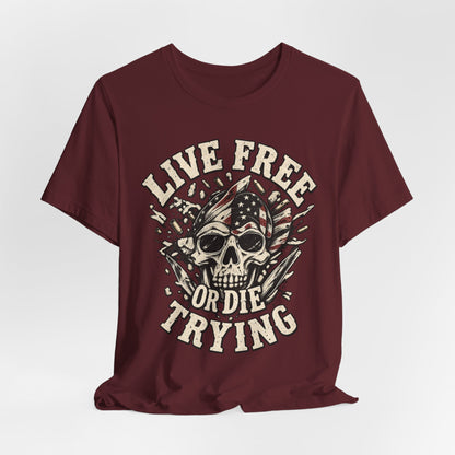 Live Free or Die Trying Skull Tee — Patriotic American Flag Graphic T-Shirt