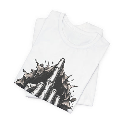 Skull Middle Finger Tee — Gothic Skeleton Hand with Roses Graphic Tee