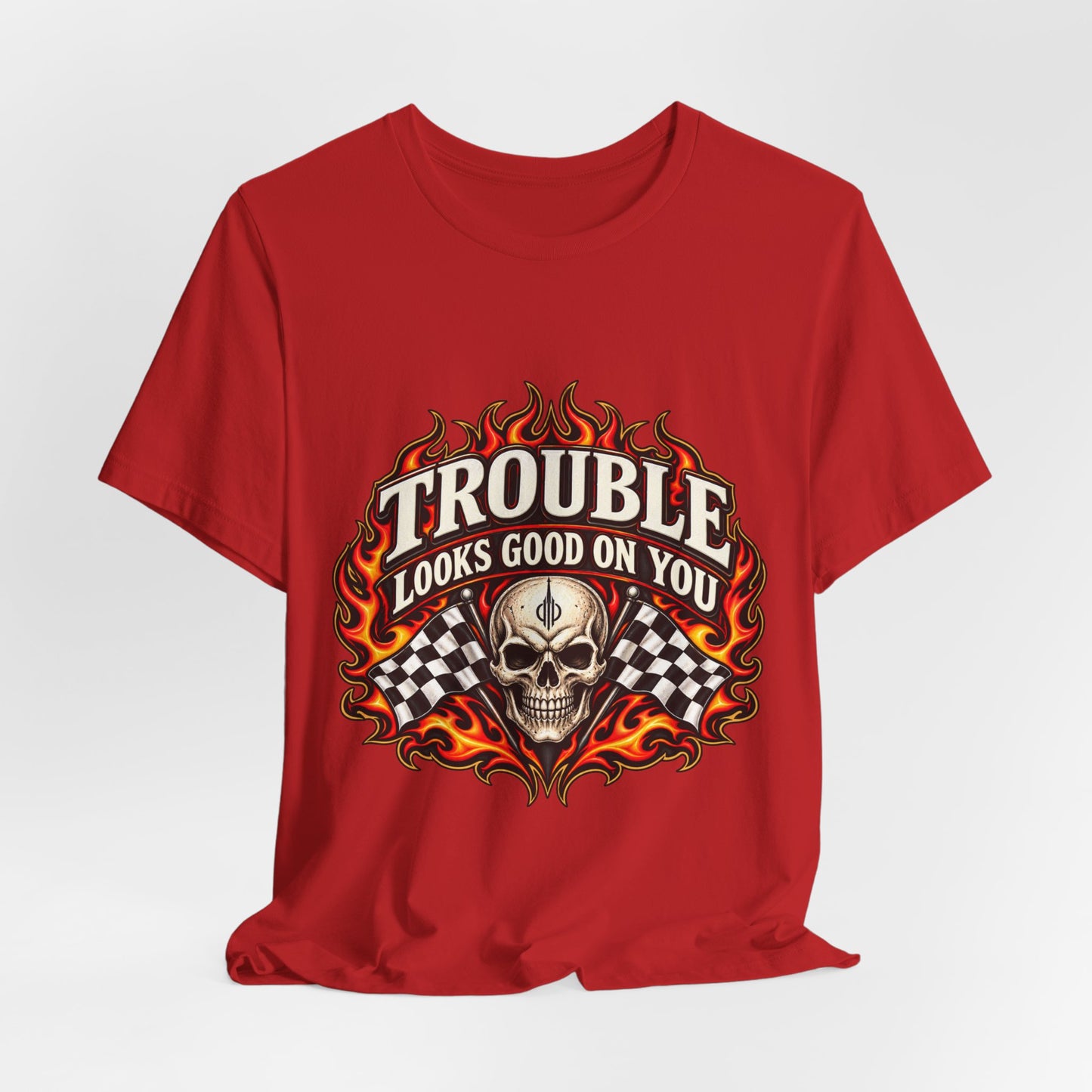 Trouble Looks Good On You Tee — Skull, Flames & Racing Flag Graphic Tee