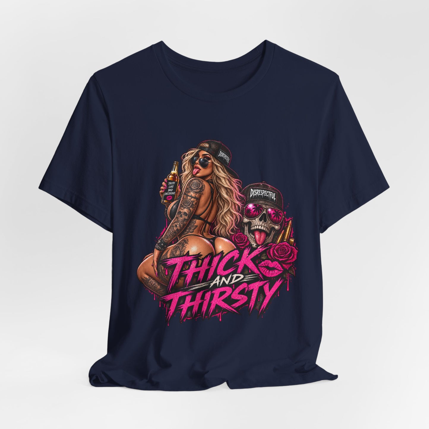 Thick and Thirsty Tee — Retro Pinup Skull Graphic T-Shirt