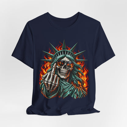 Skull Liberty Tee — Flaming Statue of Liberty Middle Finger Graphic Tee