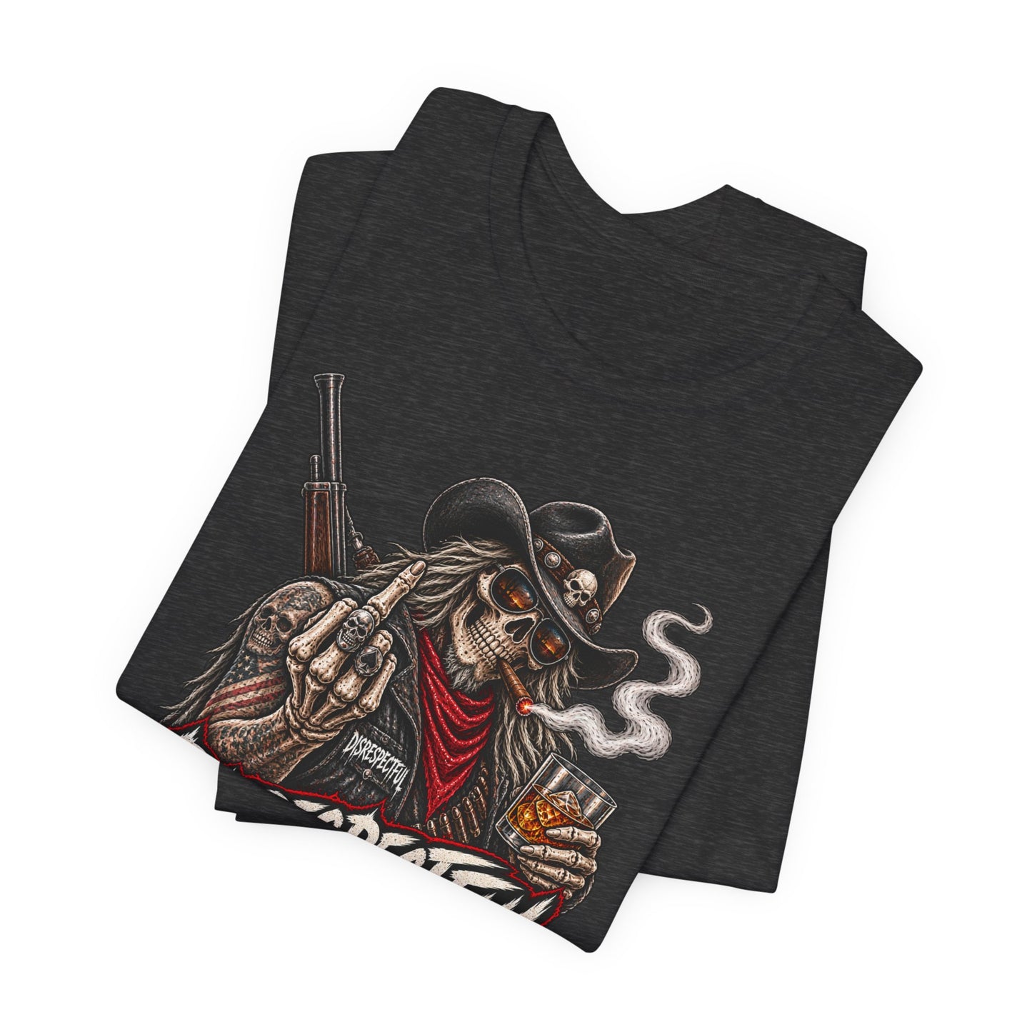 Disrespectful Apparel Cowboy Skeleton Tee – Western Biker Skull Graphic T-Shirt