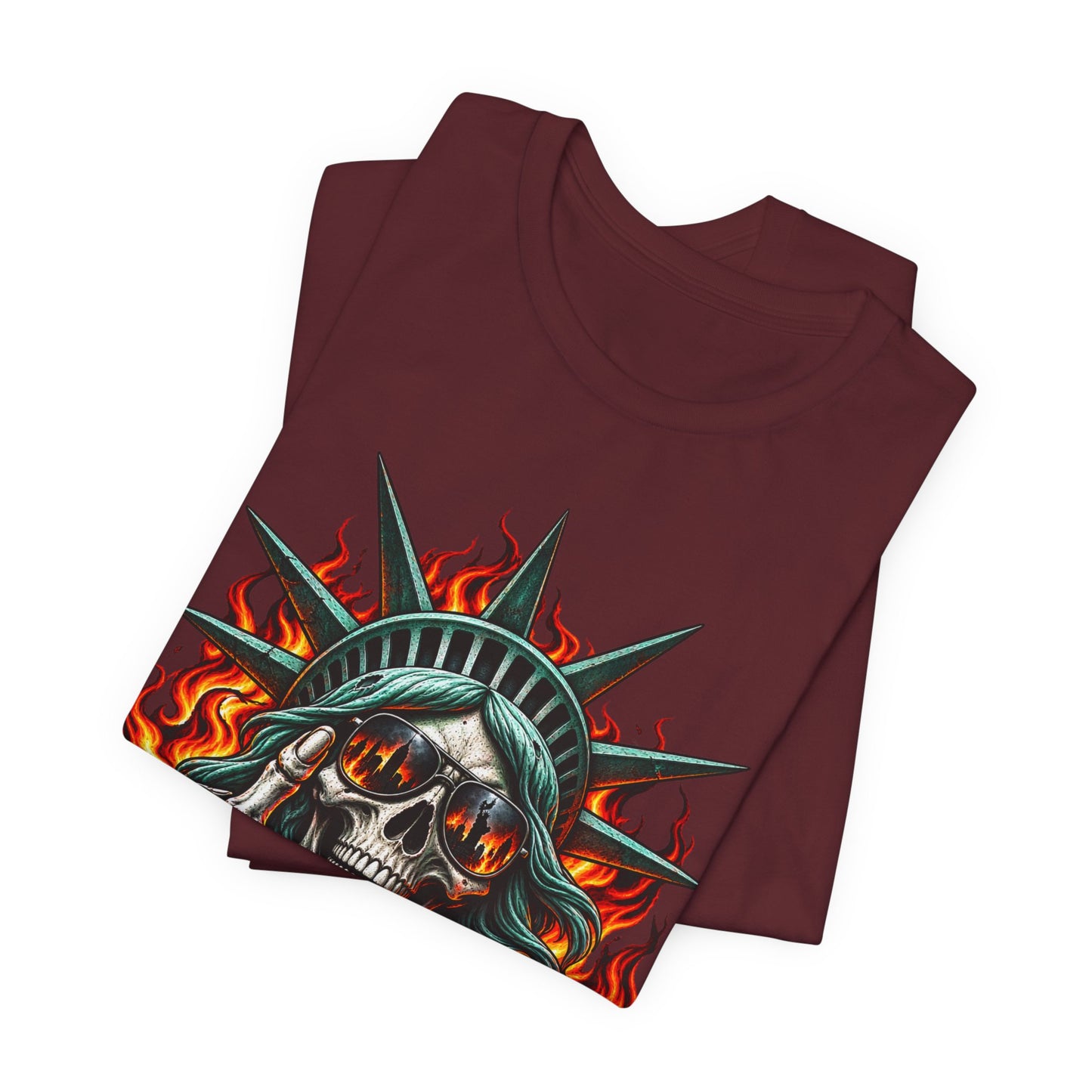 Skull Liberty Tee — Flaming Statue of Liberty Middle Finger Graphic Tee