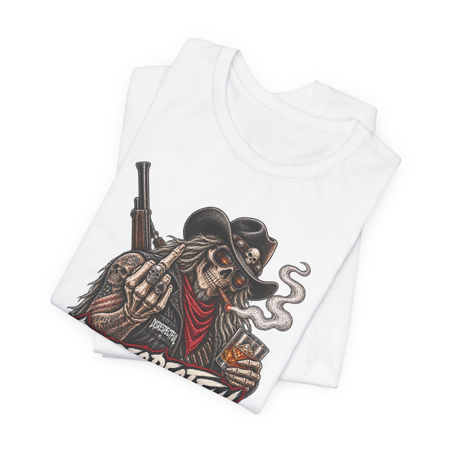 Disrespectful Apparel Cowboy Skeleton Tee – Western Biker Skull Graphic T-Shirt