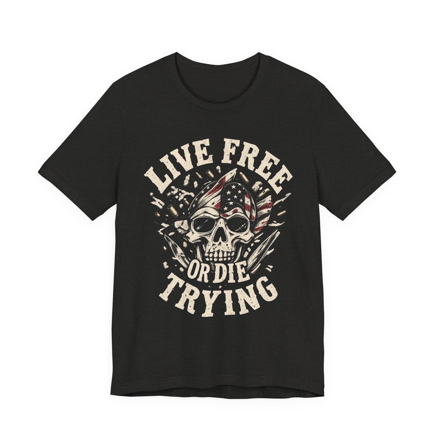 Live Free or Die Trying Skull Tee — Patriotic American Flag Graphic T-Shirt