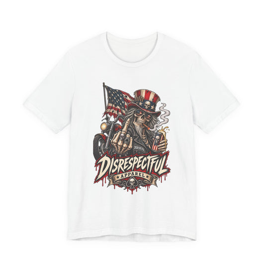 Patriotic Rebel Tee — 'Disrespectful Apparel' Skull & Flag Graphic T-Shirt