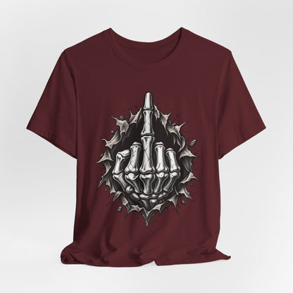 Skull Middle Finger Tee — Gothic Skeleton Hand with Roses Graphic Tee