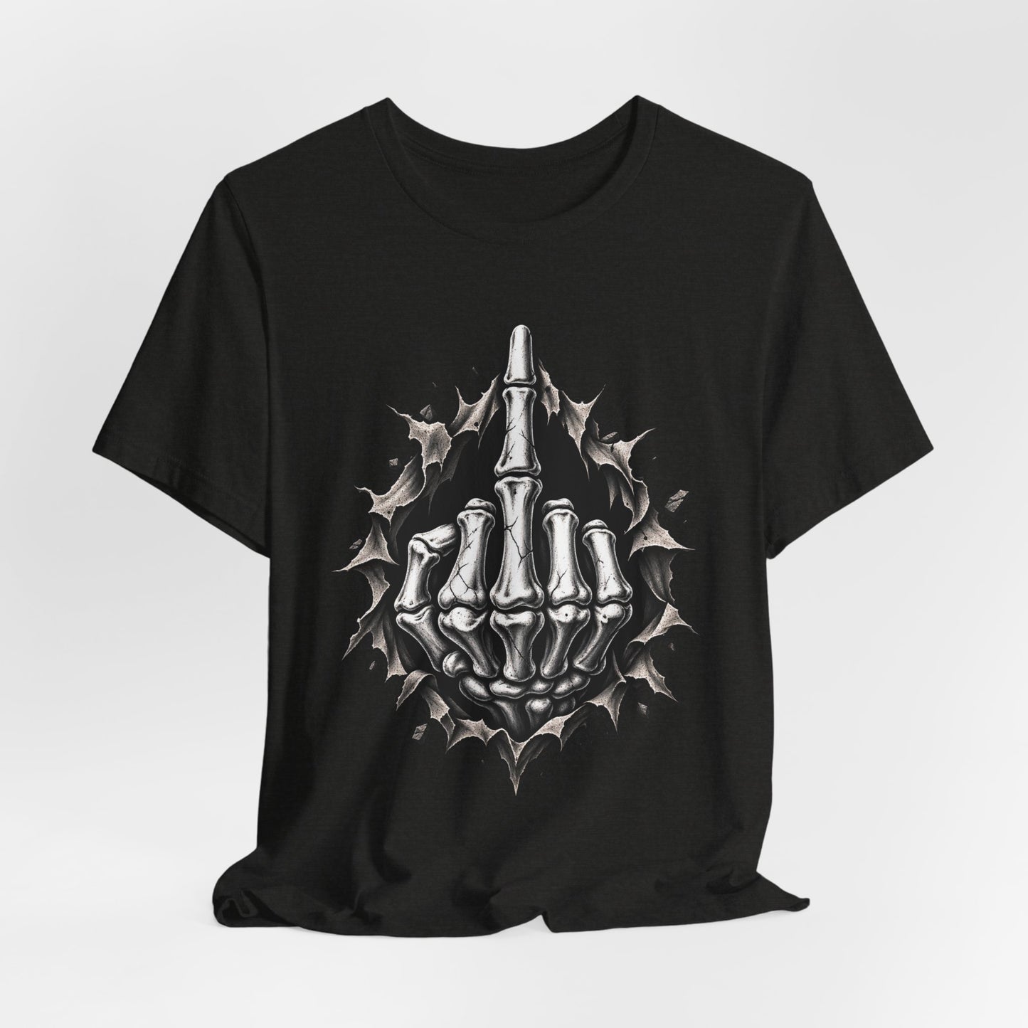 Skull Middle Finger Tee — Gothic Skeleton Hand with Roses Graphic Tee