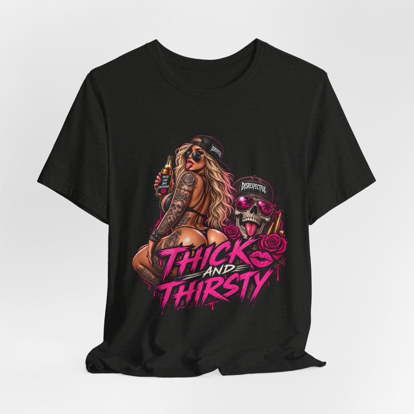 Thick and Thirsty Tee — Retro Pinup Skull Graphic T-Shirt