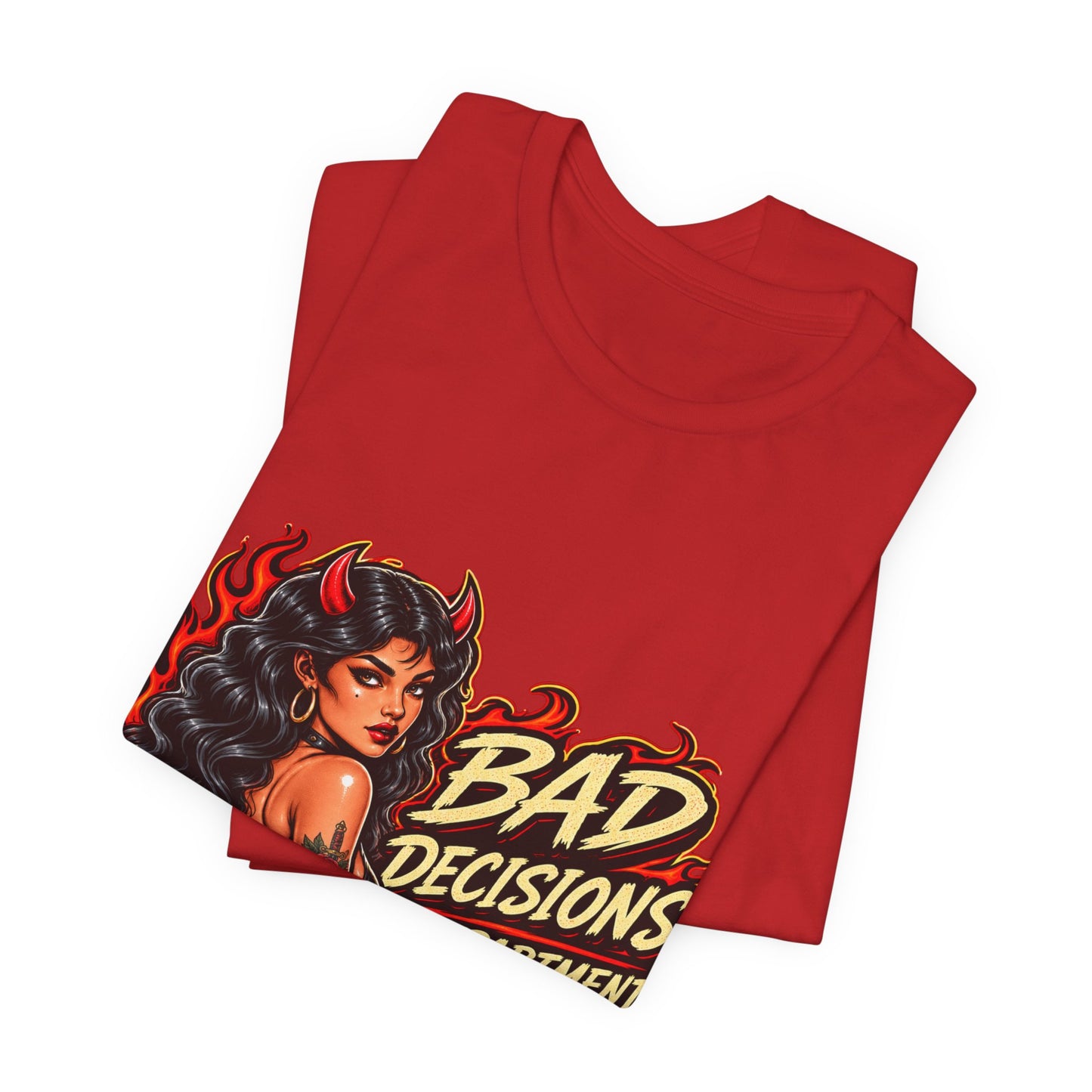 Bad Decisions Department Tee — Retro Devil Pinup Graphic Tee