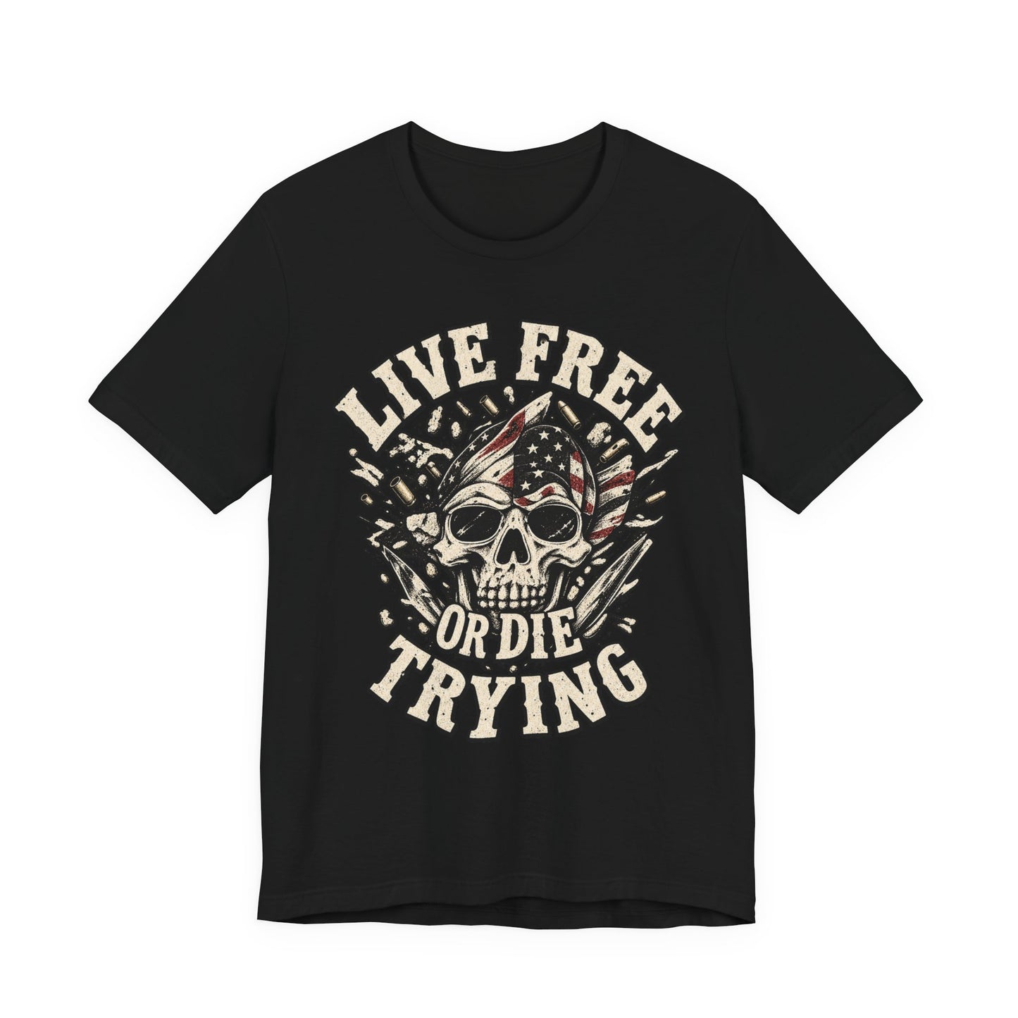 Live Free or Die Trying Skull Tee — Patriotic American Flag Graphic T-Shirt