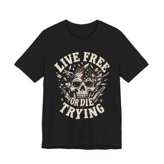 Live Free or Die Trying Skull Tee — Patriotic American Flag Graphic T-Shirt