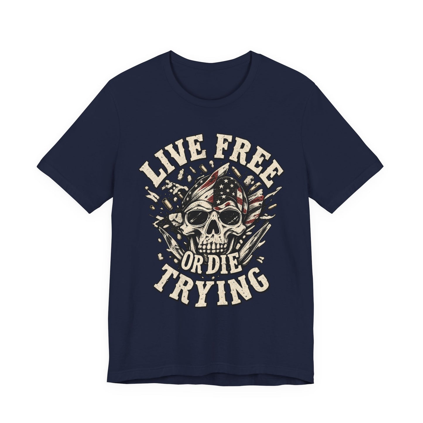 Live Free or Die Trying Skull Tee — Patriotic American Flag Graphic T-Shirt