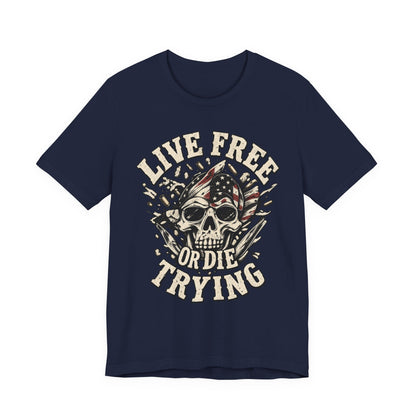 Live Free or Die Trying Skull Tee — Patriotic American Flag Graphic T-Shirt