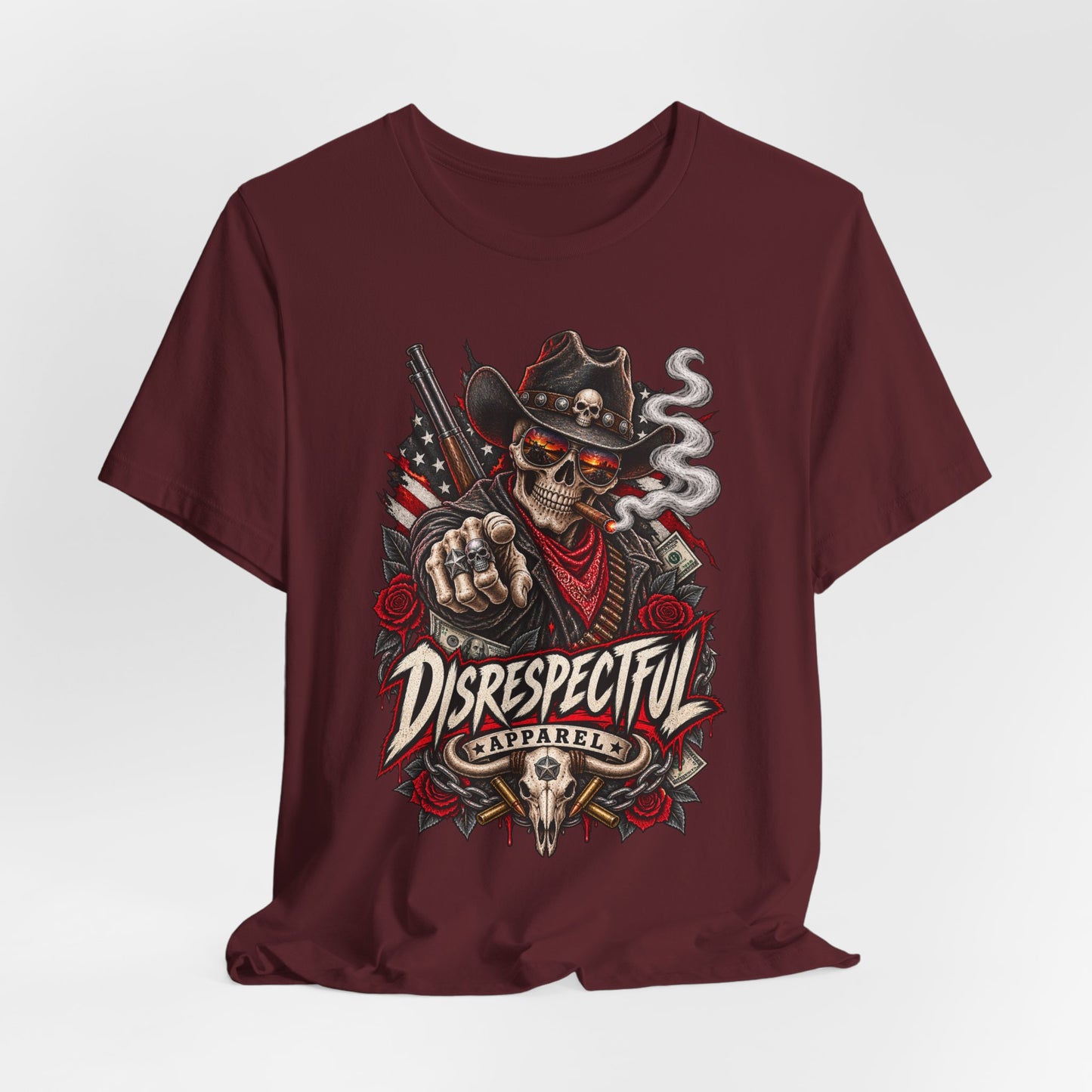 Disrespectful Apparel Skull Cowboy Tee — Edgy Biker / Western Graphic T-Shirt