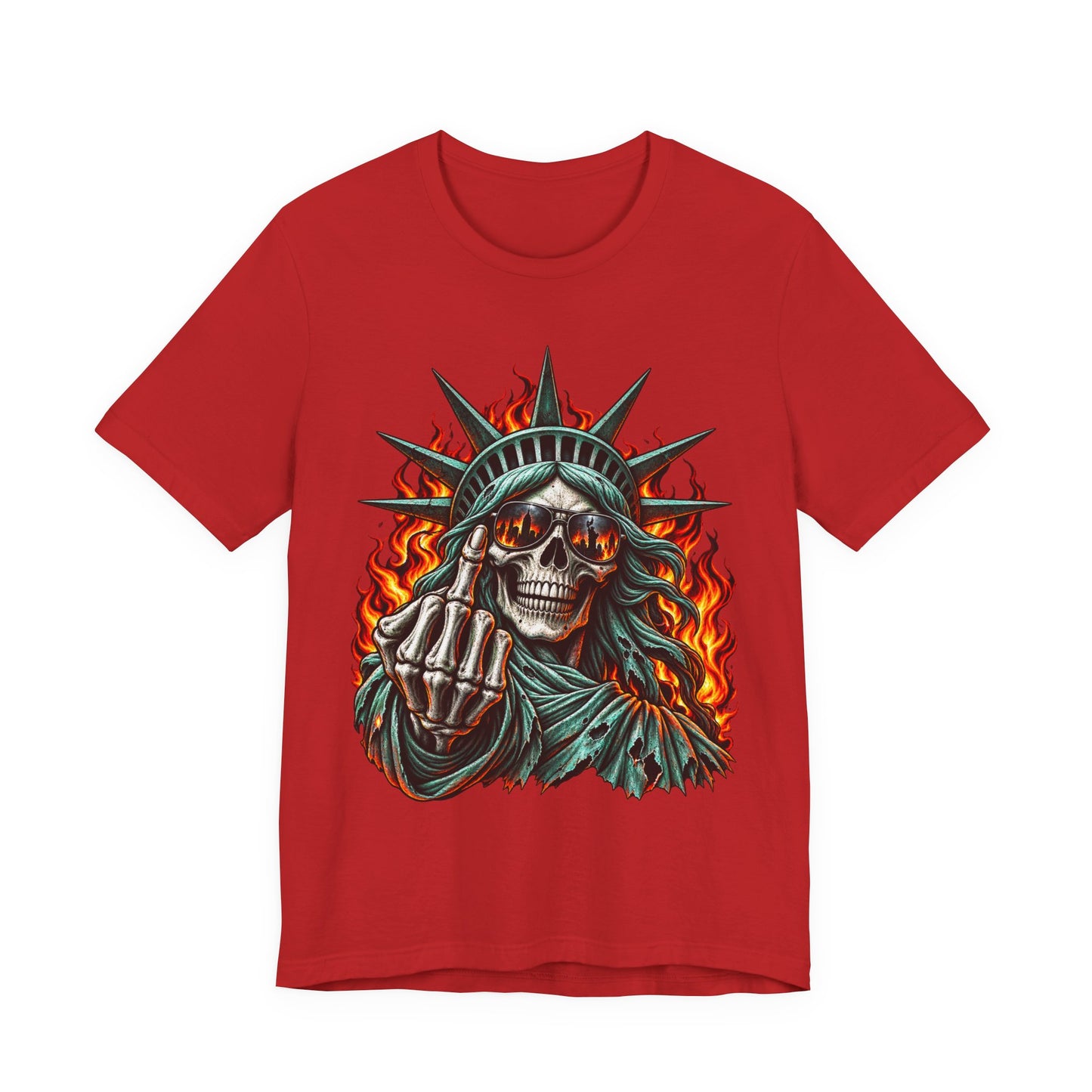 Skull Liberty Tee — Flaming Statue of Liberty Middle Finger Graphic Tee