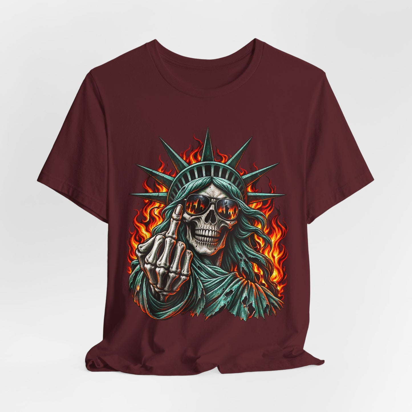Skull Liberty Tee — Flaming Statue of Liberty Middle Finger Graphic Tee