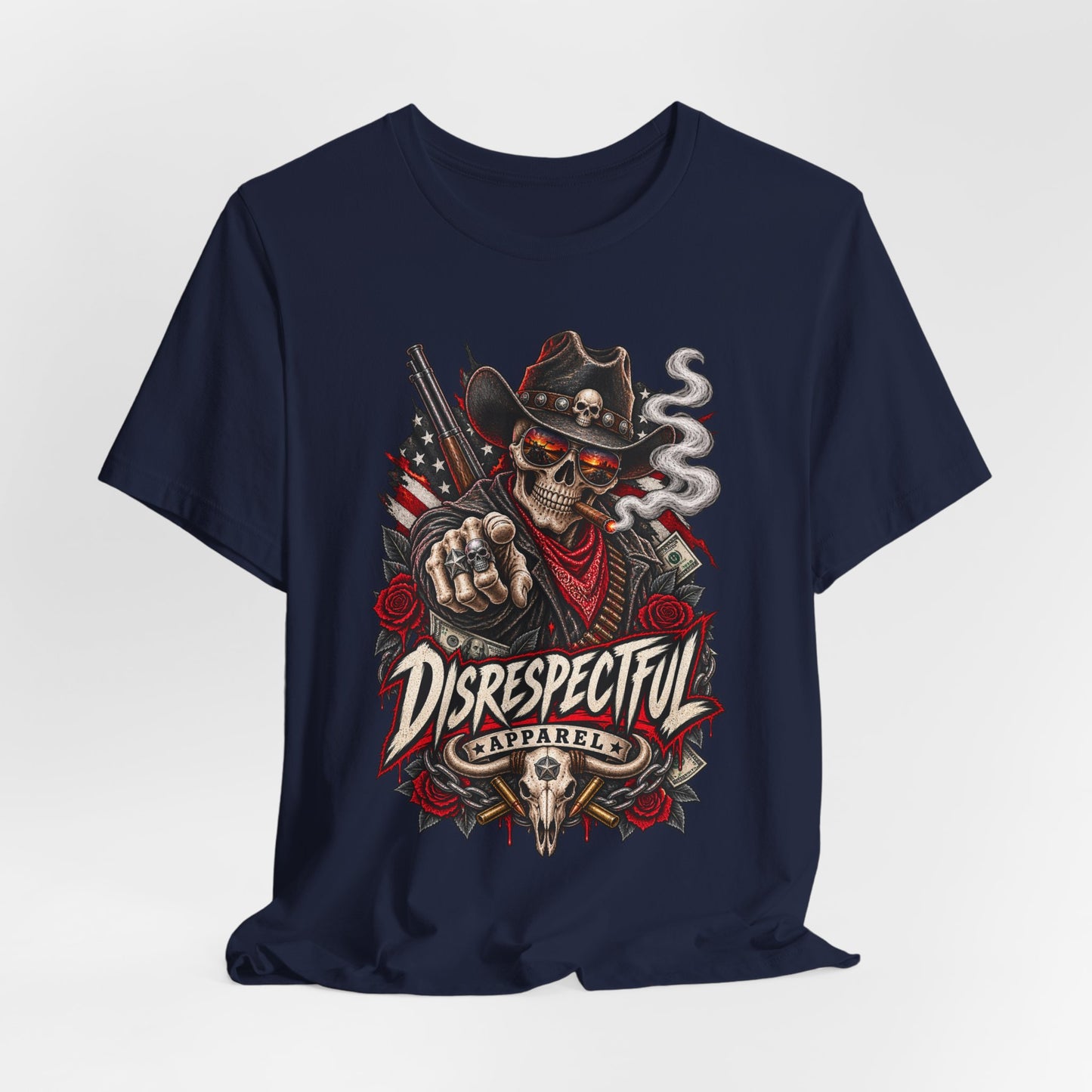 Disrespectful Apparel Skull Cowboy Tee — Edgy Biker / Western Graphic T-Shirt
