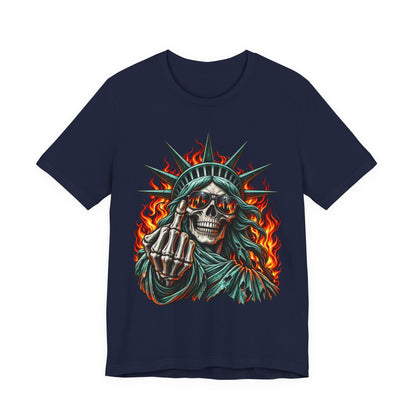 Skull Liberty Tee — Flaming Statue of Liberty Middle Finger Graphic Tee