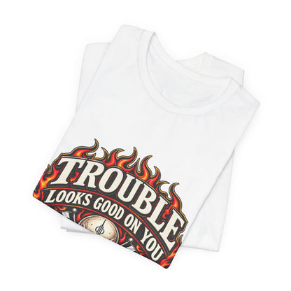 Trouble Looks Good On You Tee — Skull, Flames & Racing Flag Graphic Tee
