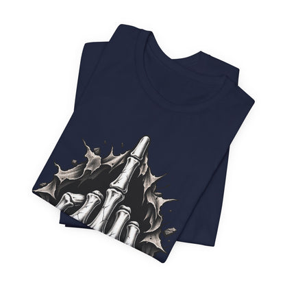 Skull Middle Finger Tee — Gothic Skeleton Hand with Roses Graphic Tee