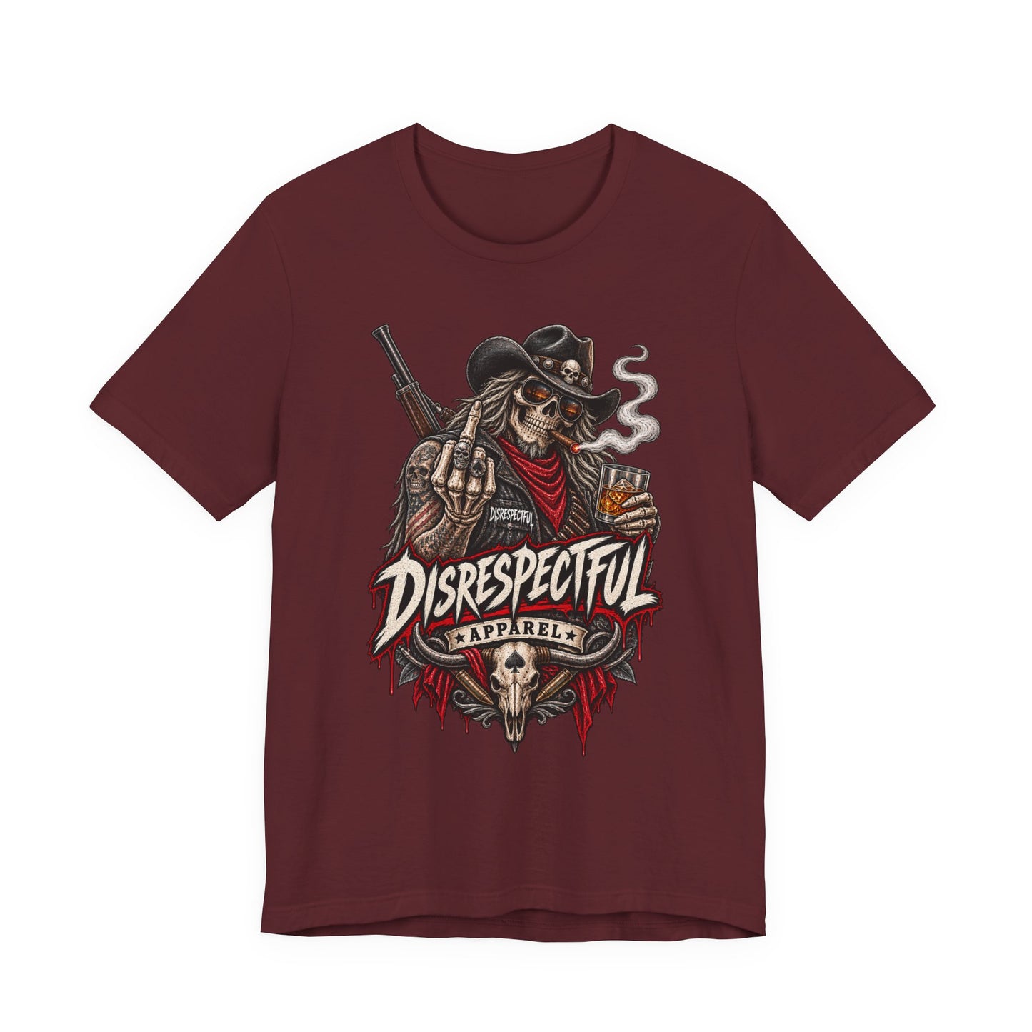 Disrespectful Apparel Cowboy Skeleton Tee – Western Biker Skull Graphic T-Shirt