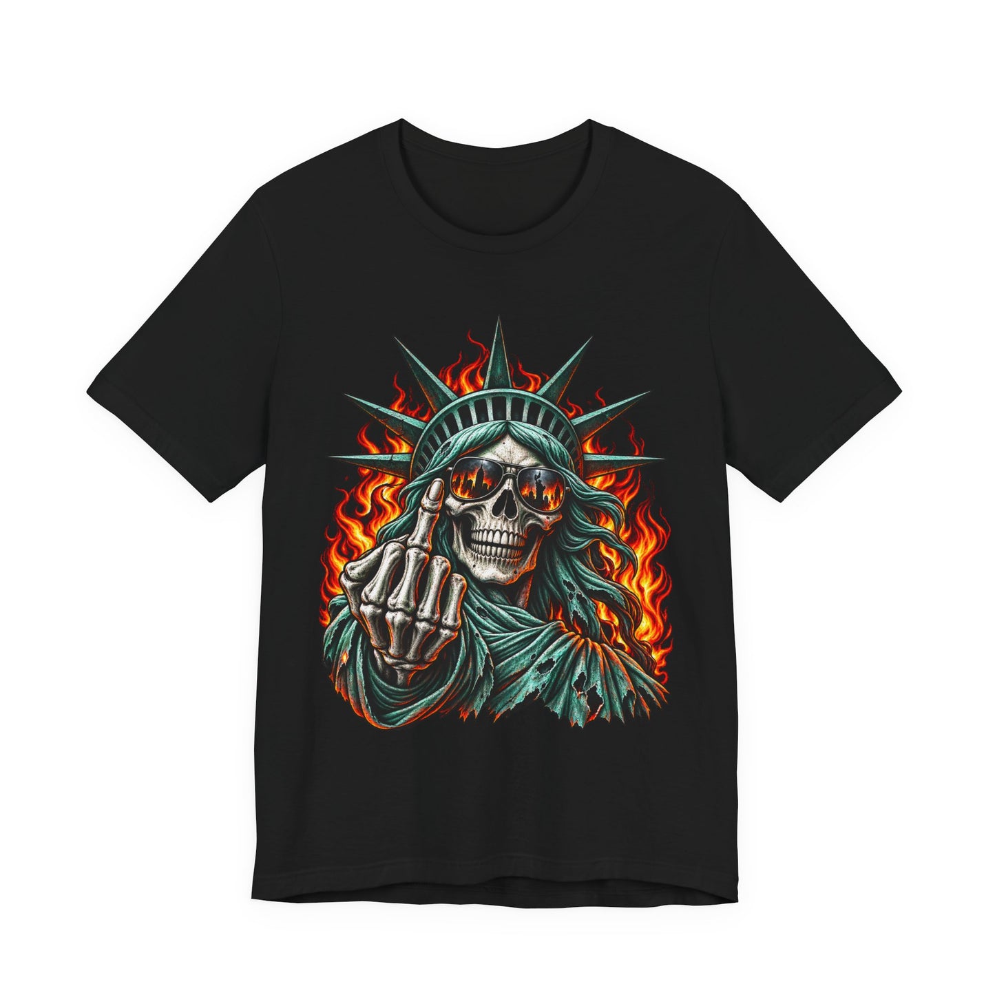Skull Liberty Tee — Flaming Statue of Liberty Middle Finger Graphic Tee