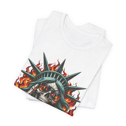 Skull Liberty Tee — Flaming Statue of Liberty Middle Finger Graphic Tee