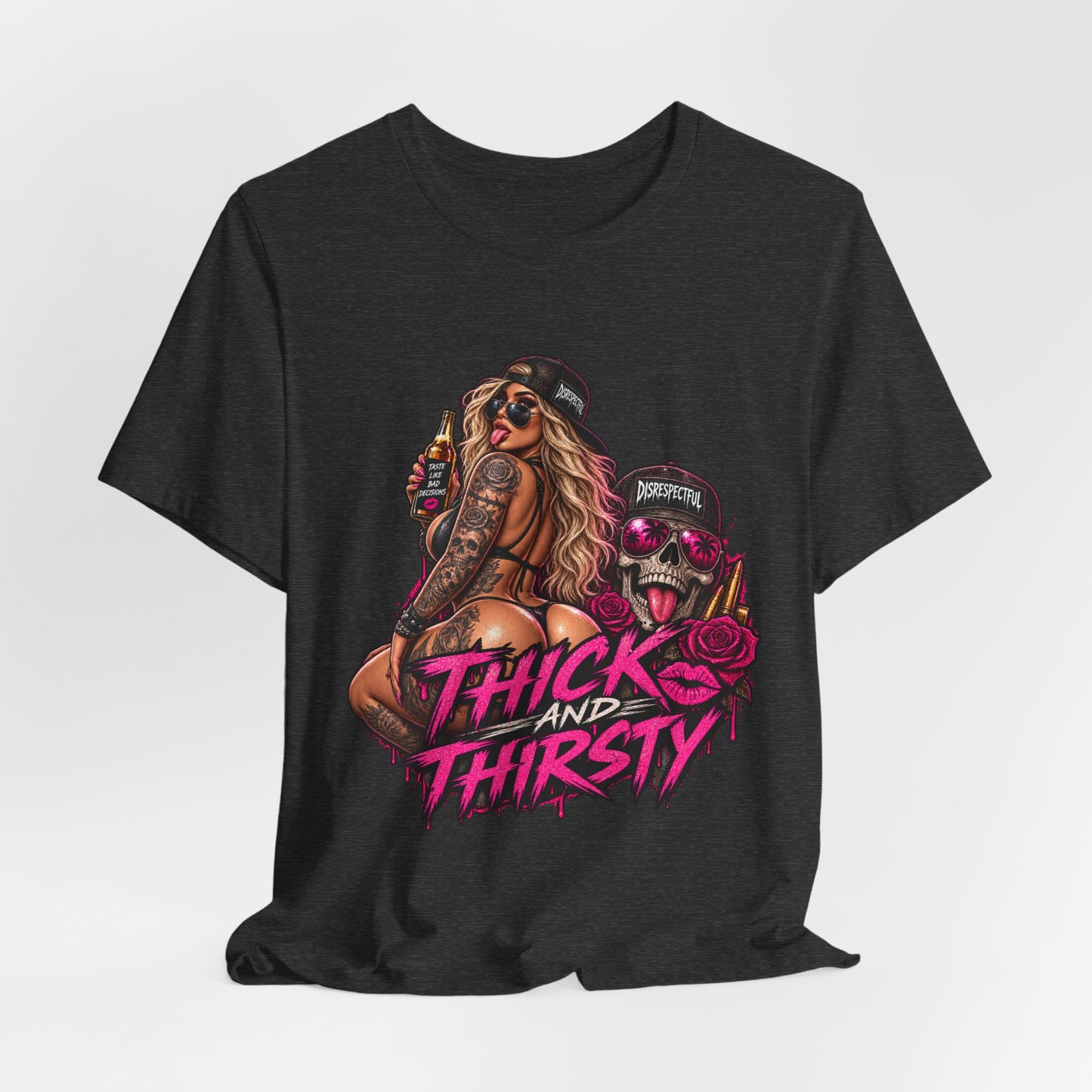 Thick and Thirsty Tee — Retro Pinup Skull Graphic T-Shirt
