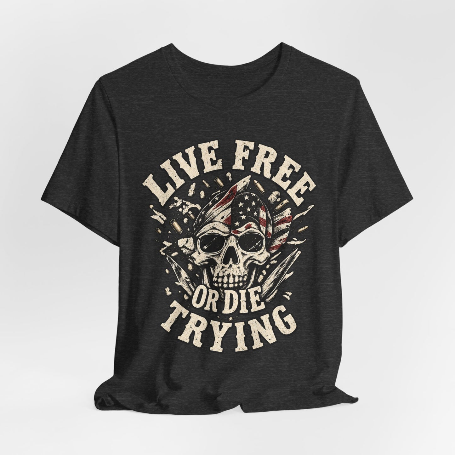 Live Free or Die Trying Skull Tee — Patriotic American Flag Graphic T-Shirt