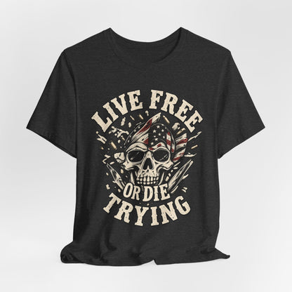 Live Free or Die Trying Skull Tee — Patriotic American Flag Graphic T-Shirt