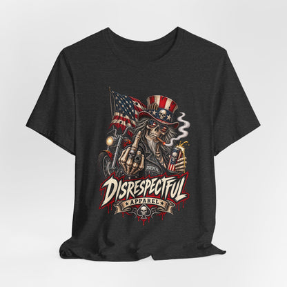 Patriotic Rebel Tee — 'Disrespectful Apparel' Skull & Flag Graphic T-Shirt