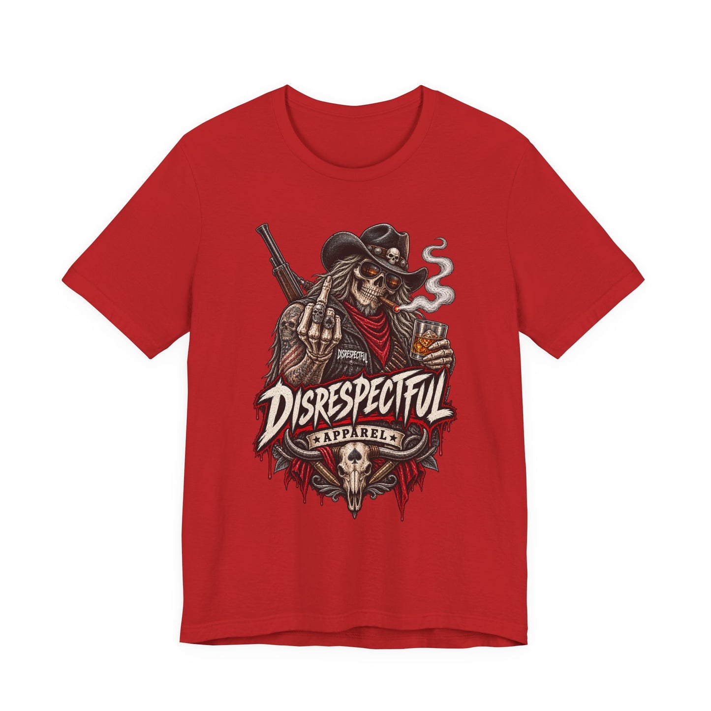 Disrespectful Apparel Cowboy Skeleton Tee – Western Biker Skull Graphic T-Shirt